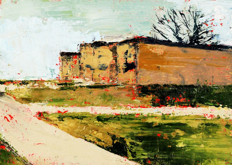 Oak and Building, 10.5 x 14.5cm, Oil on prepared card, 2011