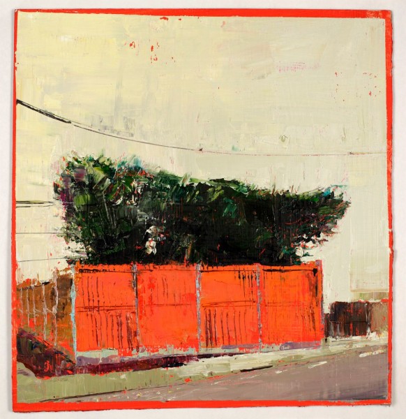 Red Fence, Oil on prepared card, 29.5 x 30.5 cm, 2011