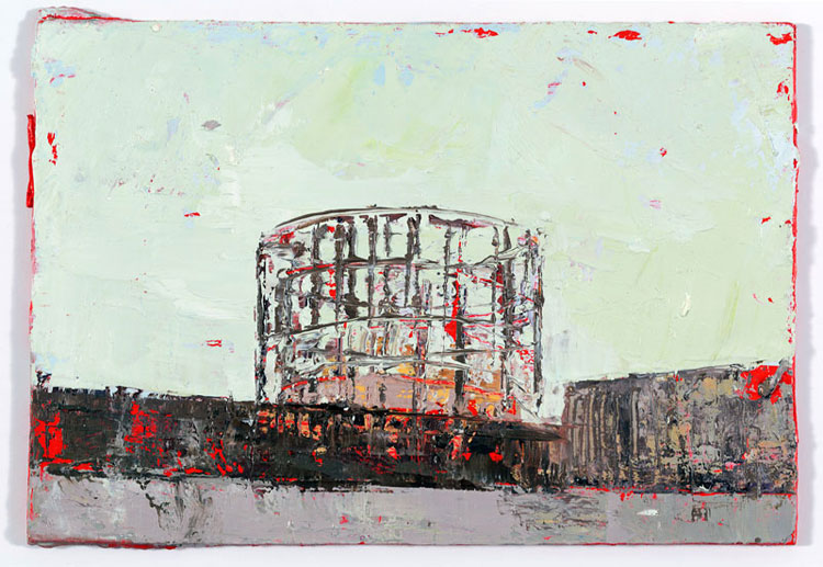 Early Evening Gasometer, 10.5 x 15 cm, Oil on board